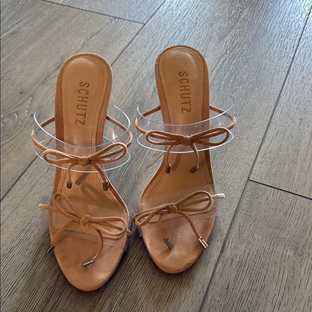 SCHUTZ HELIA Tan Heels with Clear Straps